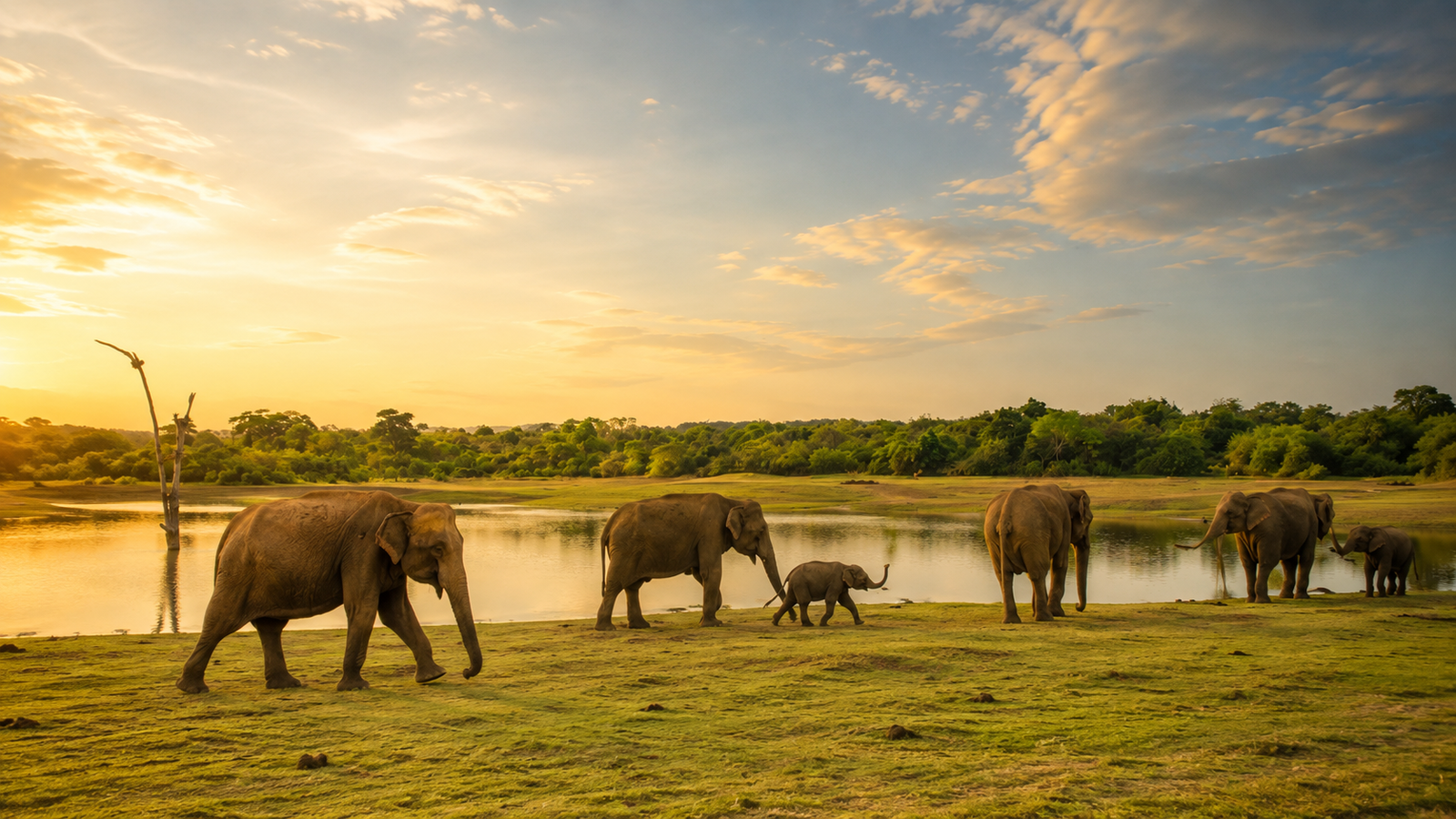 Elephant family at sunset in Udawalawe